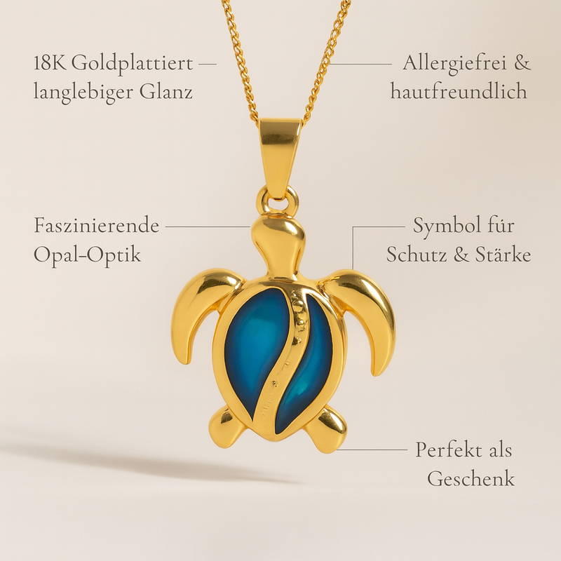 Chantal - Goldene Schildkröten-Halskette mit blauem Opal