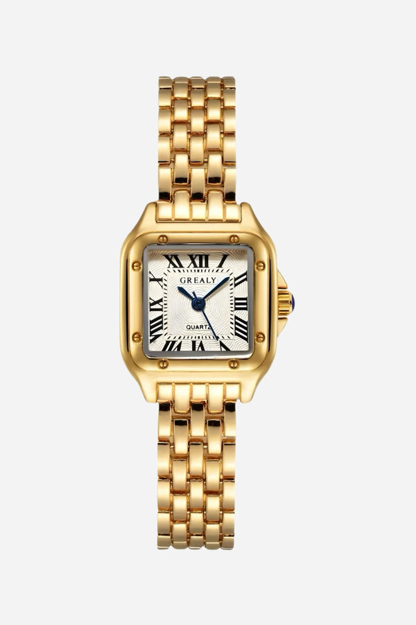 Leonie – Goldene Uhr mit quadratischem Gehäuse.