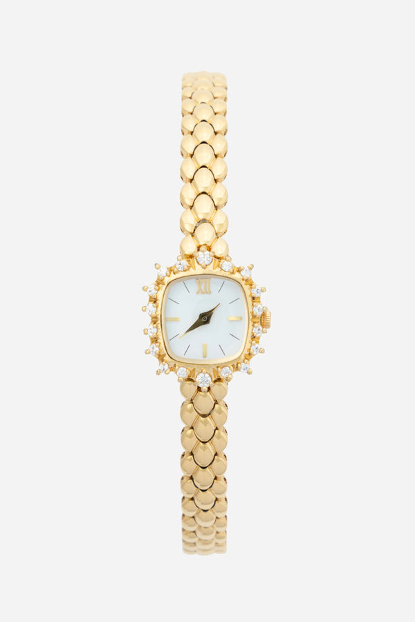 Isabella – Goldene Uhr mit rundem Gliederarmband.