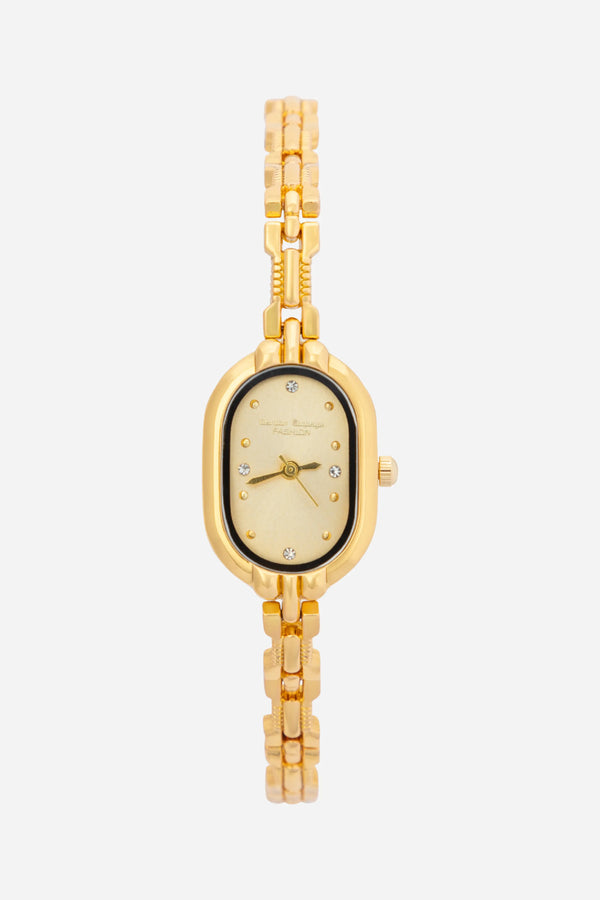 Viktoria – Goldene Uhr mit ovalem Gehäuse.