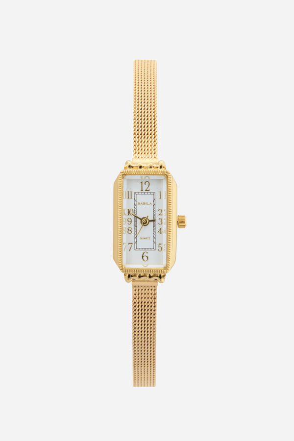 Theresa – Goldene Uhr mit rechteckigem Zifferblatt.