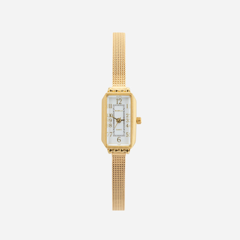 Theresa – Goldene Uhr mit rechteckigem Zifferblatt.