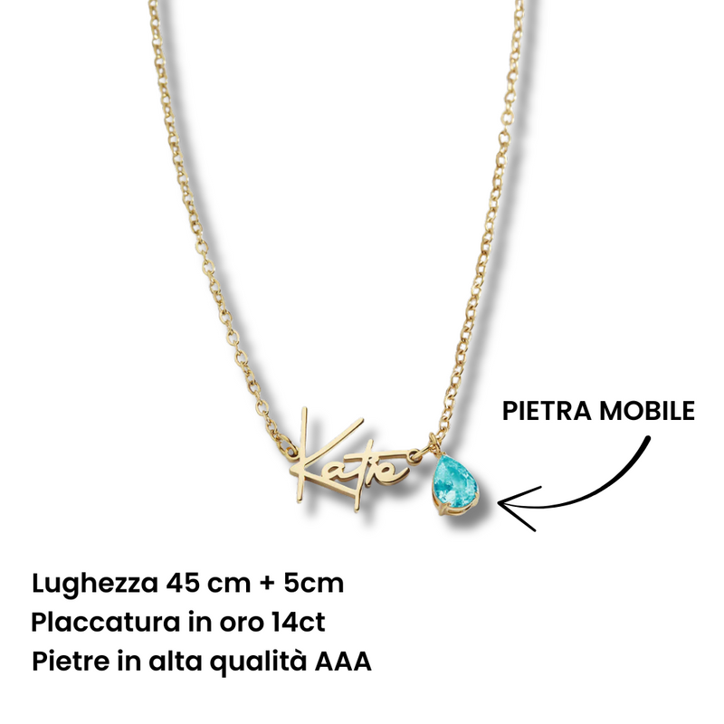 Livia – Goldene Halskette mit türkisfarbenem Tropfenanhänger.